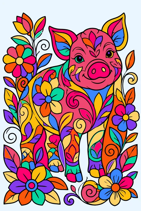 Pig standing in a patchwork garden of ornate flowers, leaves and swirling vines coloring page