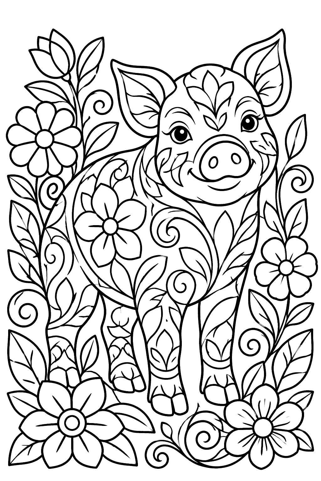 Pig standing in a patchwork garden of ornate flowers, leaves and swirling vines coloring page