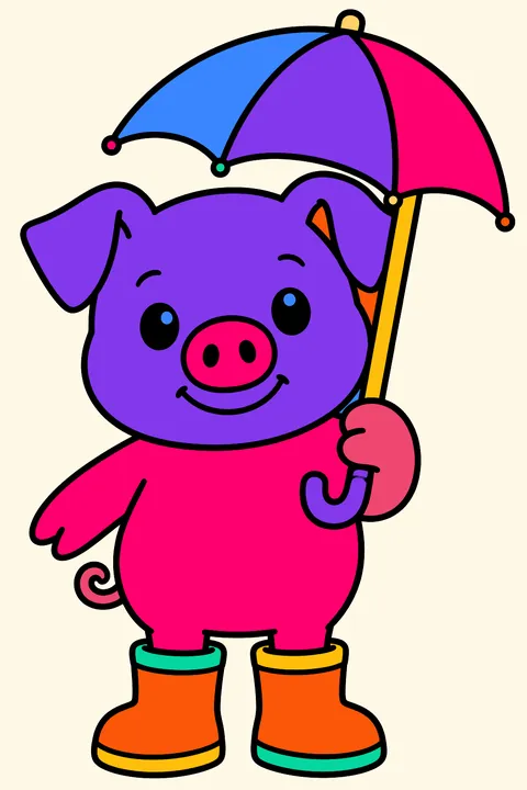 Pig wearing rain boots and holding a small umbrella coloring page