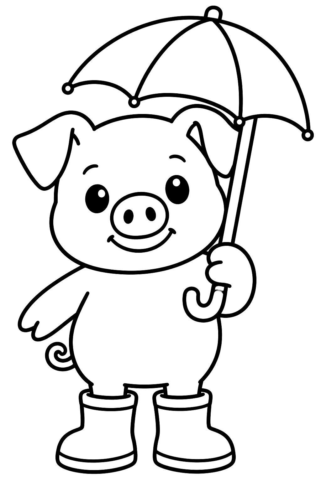 Pig wearing rain boots and holding a small umbrella coloring page