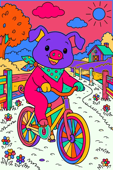 Cheerful pig riding a bicycle down a country road past wooden fences coloring page