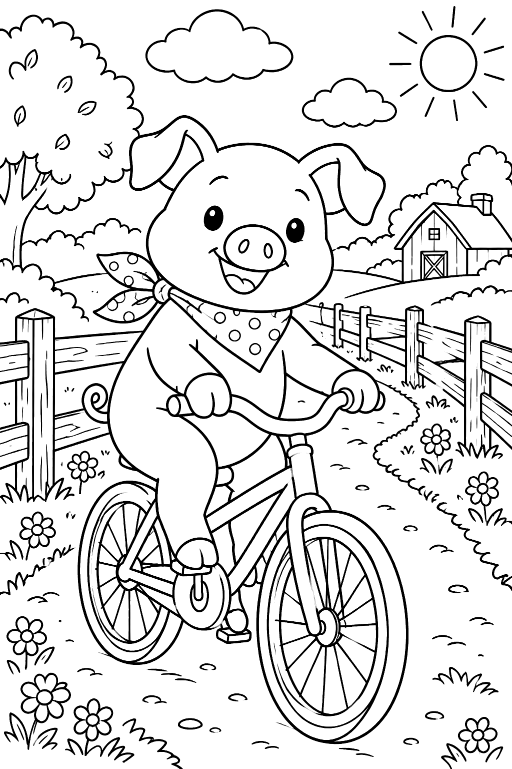 Cheerful pig riding a bicycle down a country road past wooden fences coloring page