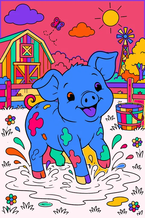 Piglet splashing happily in a mud puddle on a sunny farm coloring page