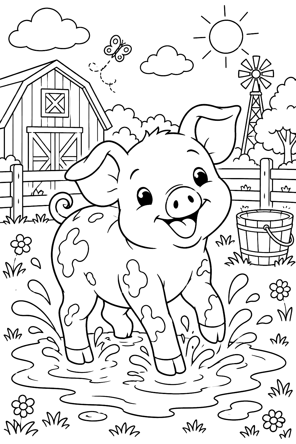 Piglet splashing happily in a mud puddle on a sunny farm coloring page