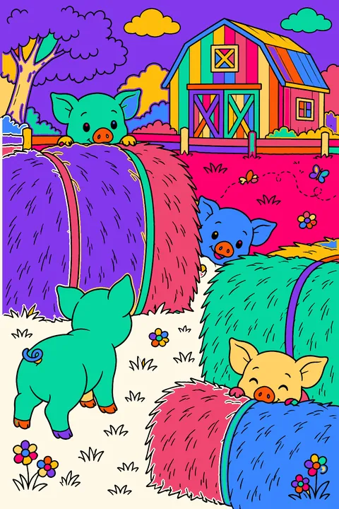 Piglets playing hide and seek between hay bales on the farm coloring page