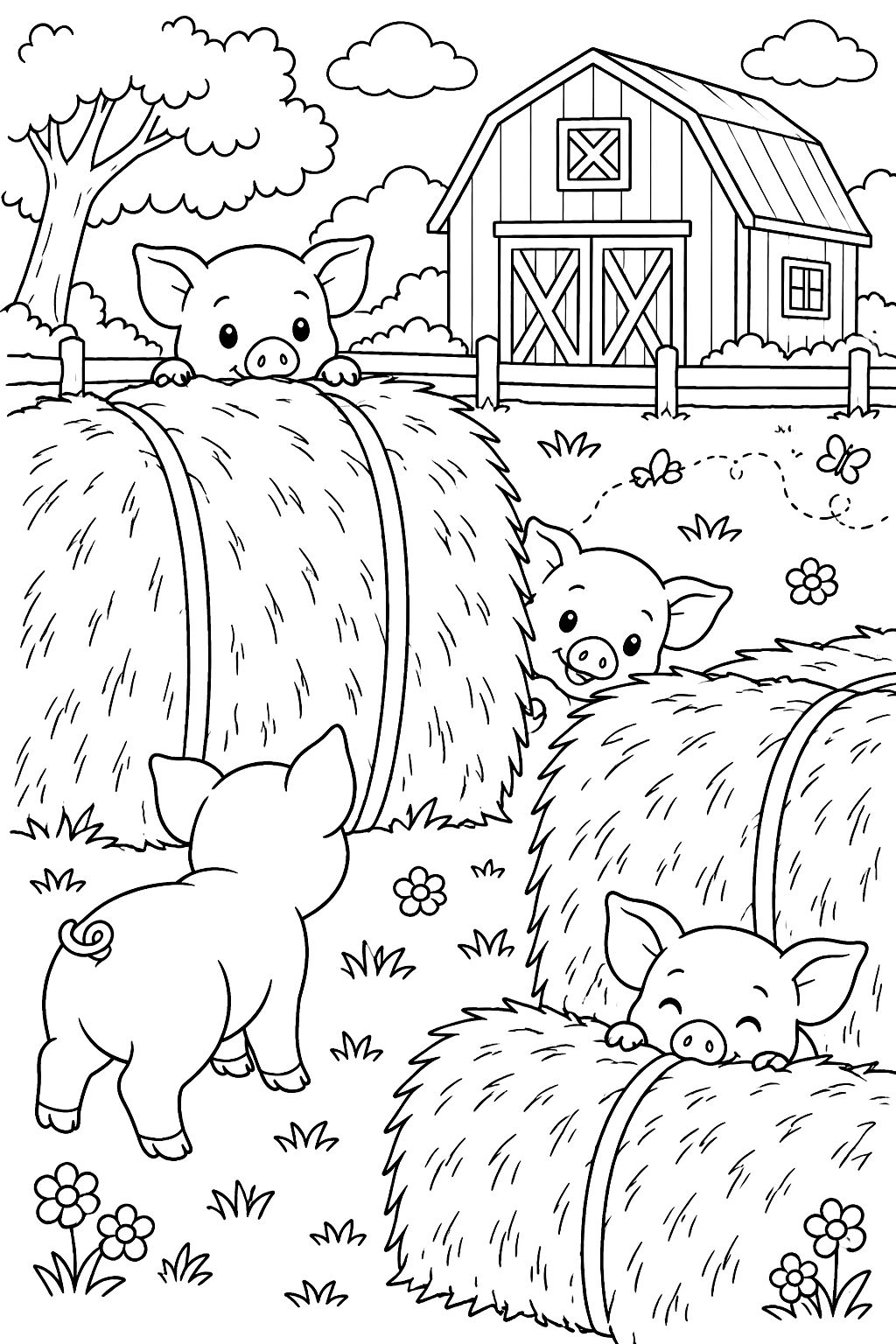 Piglets playing hide and seek between hay bales on the farm coloring page