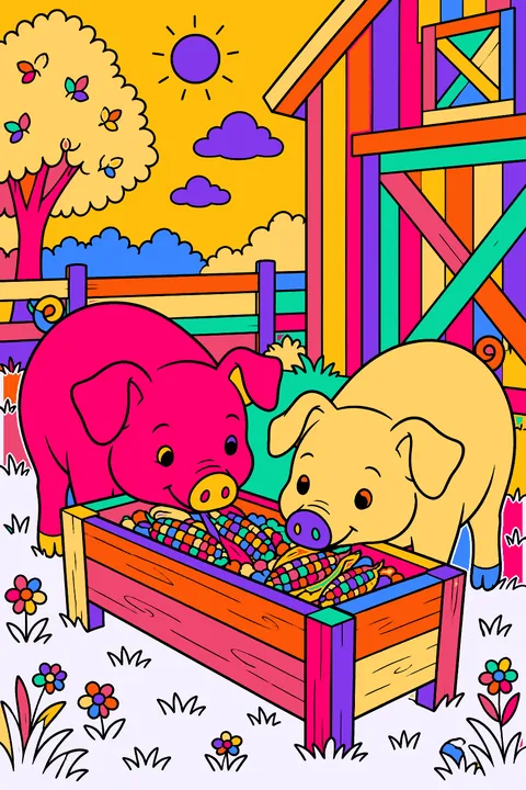 Two pigs eating corn from a wooden trough beside the barn coloring page