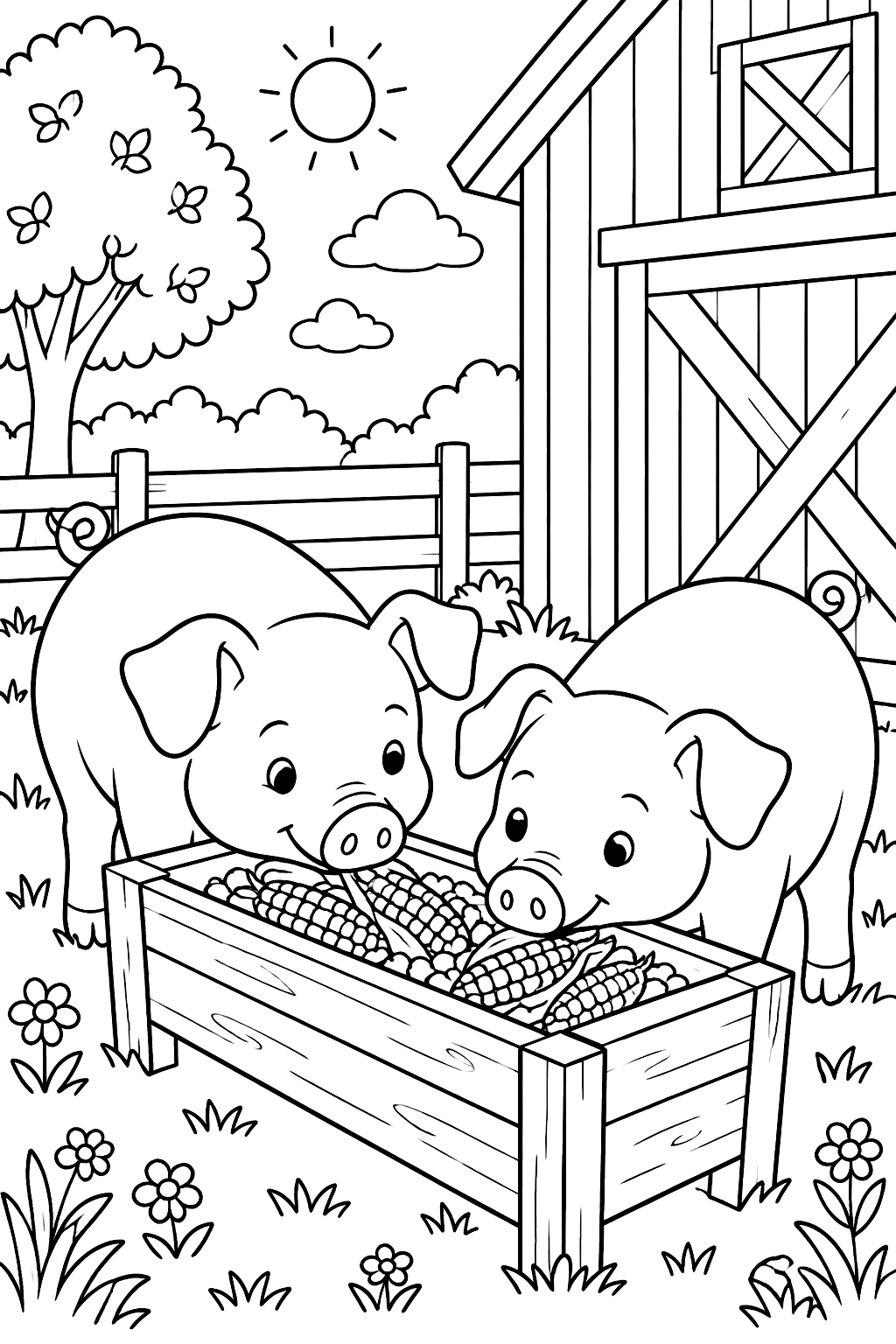 Two pigs eating corn from a wooden trough beside the barn coloring page