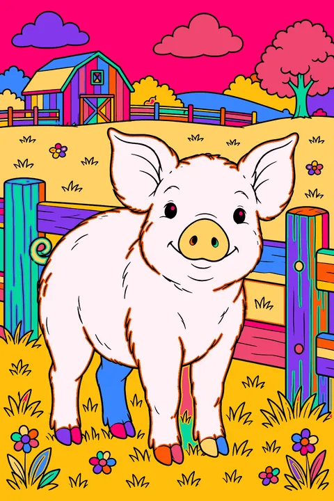 Realistic pig portrait standing by a wooden farm fence with pasture behind coloring page