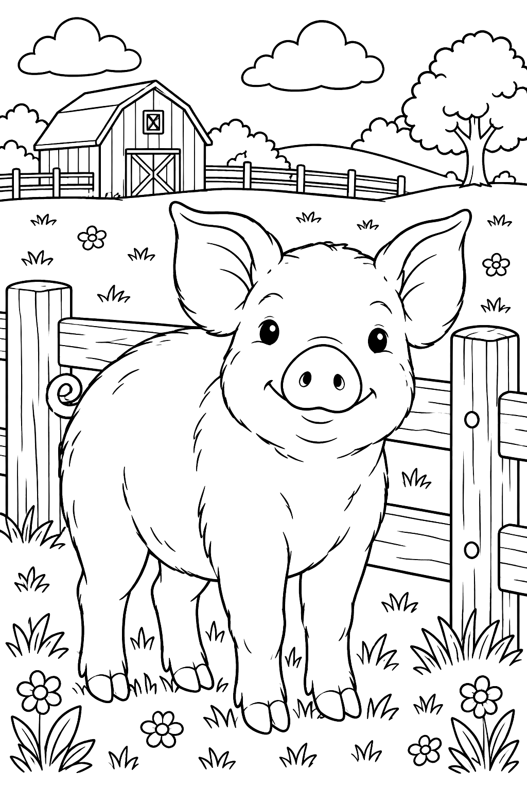 Realistic pig portrait standing by a wooden farm fence with pasture behind coloring page