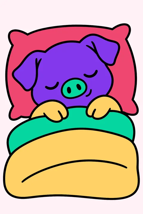 Sleepy pig napping on a soft pillow with a blanket coloring page