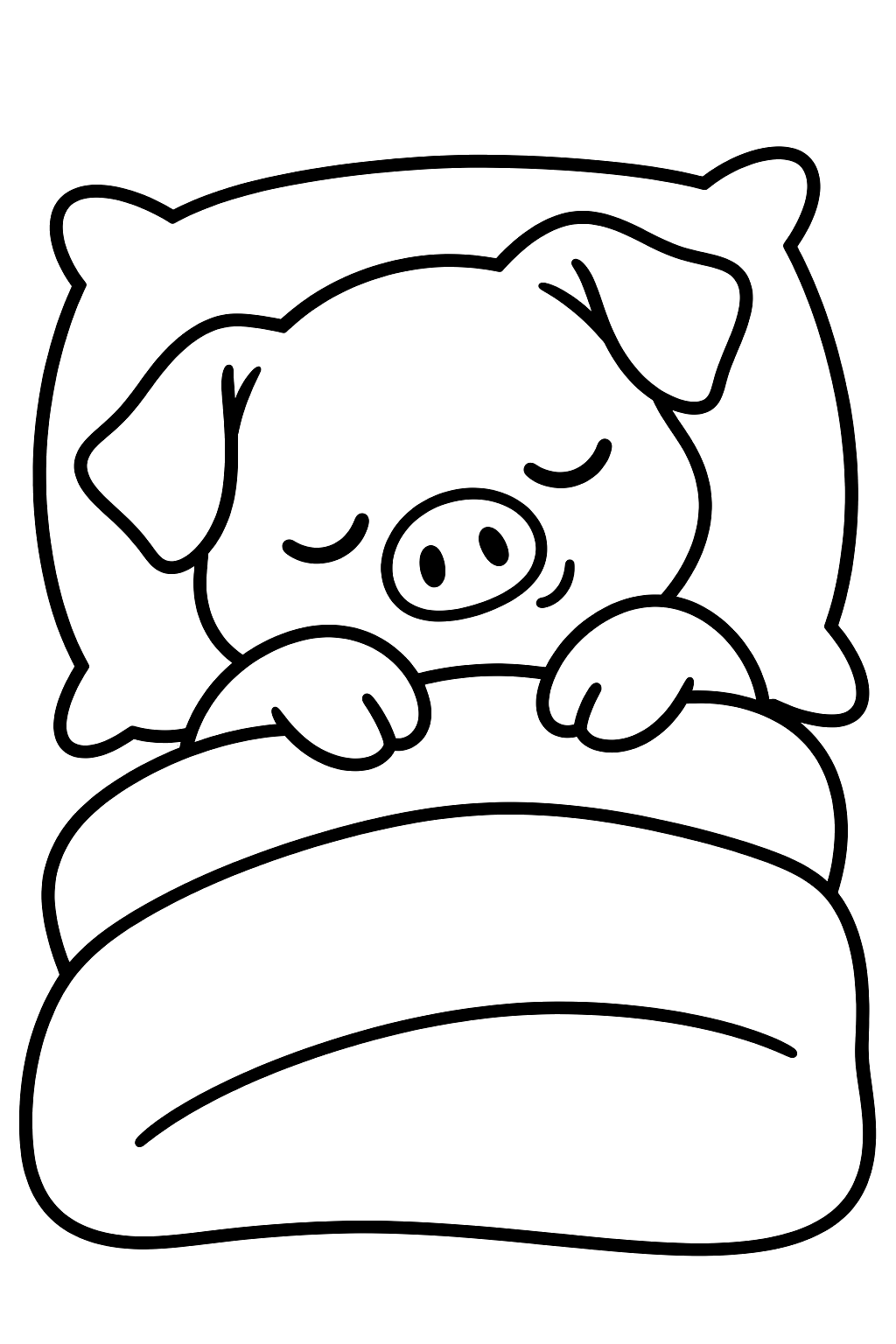 Sleepy pig napping on a soft pillow with a blanket coloring page