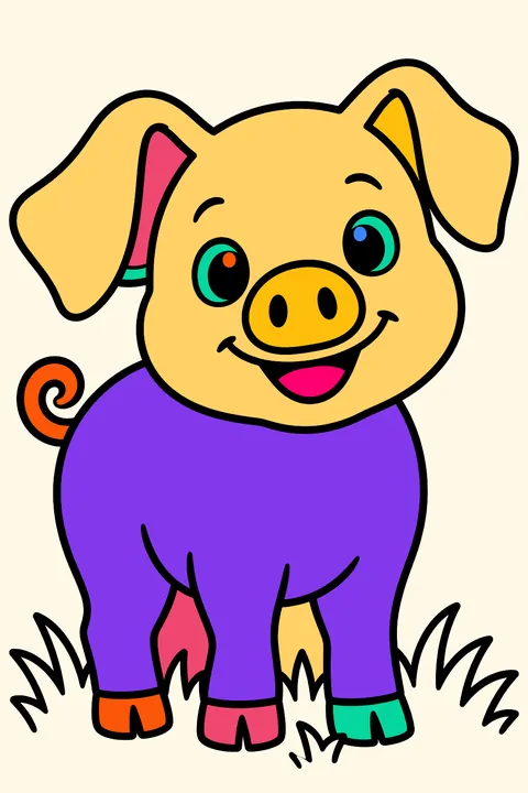 Smiling pig with big floppy ears standing in the grass coloring page