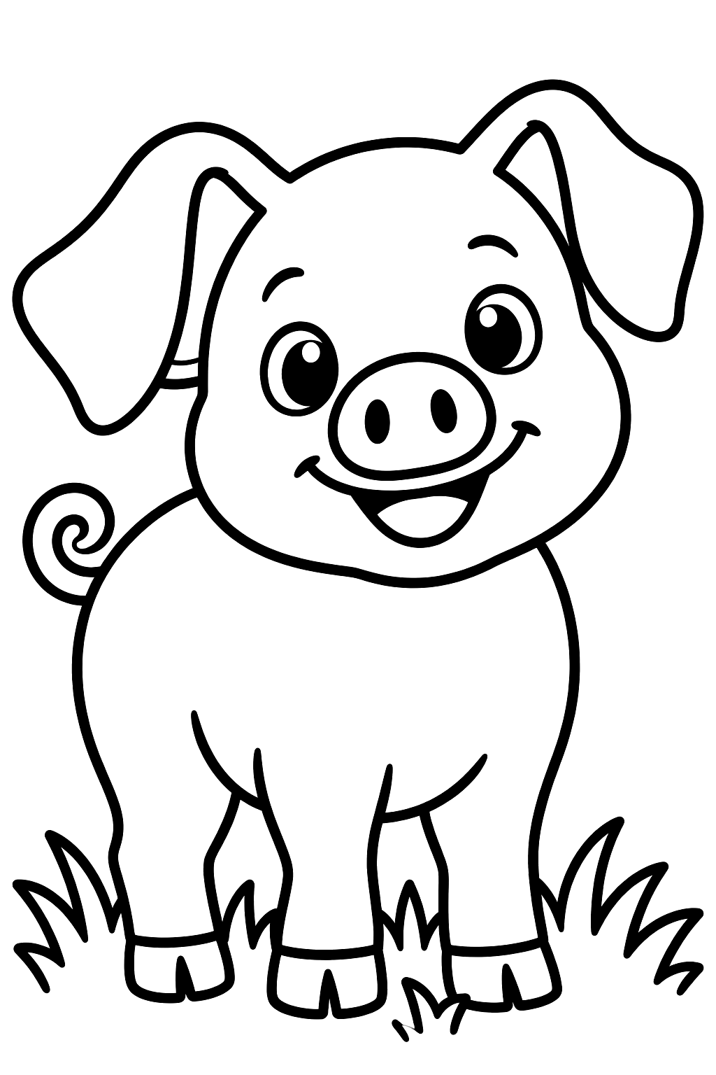 Smiling pig with big floppy ears standing in the grass coloring page