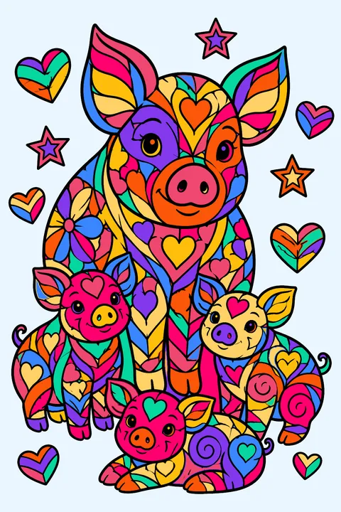 Farm pig and piglets decorated with zentangle patterns among geometric hearts and stars coloring page