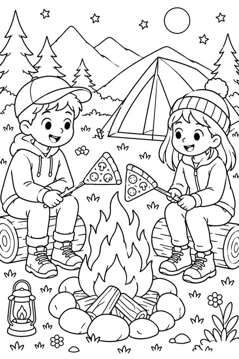 pizza slices on sticks held over a campfire by two kids at a campsite with a tent coloring page