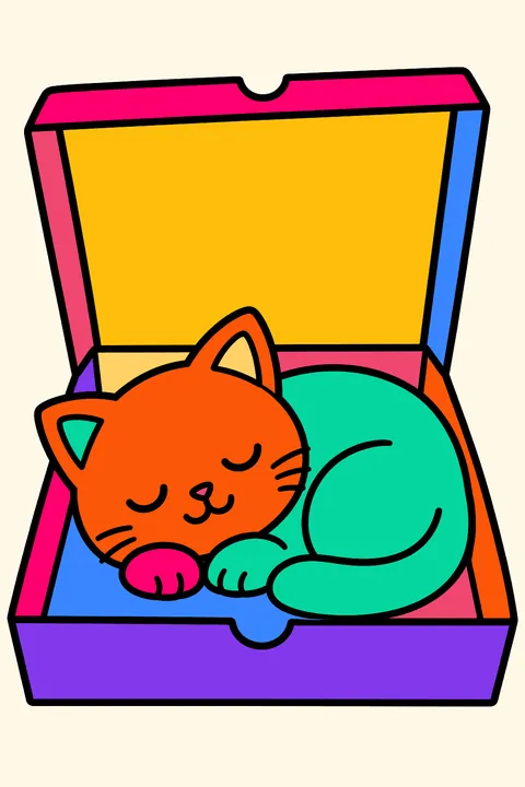 a cat sleeping inside an open pizza box coloring page