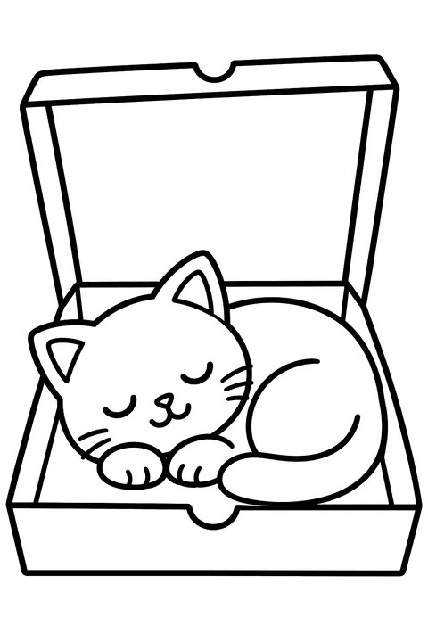 a cat sleeping inside an open pizza box coloring page