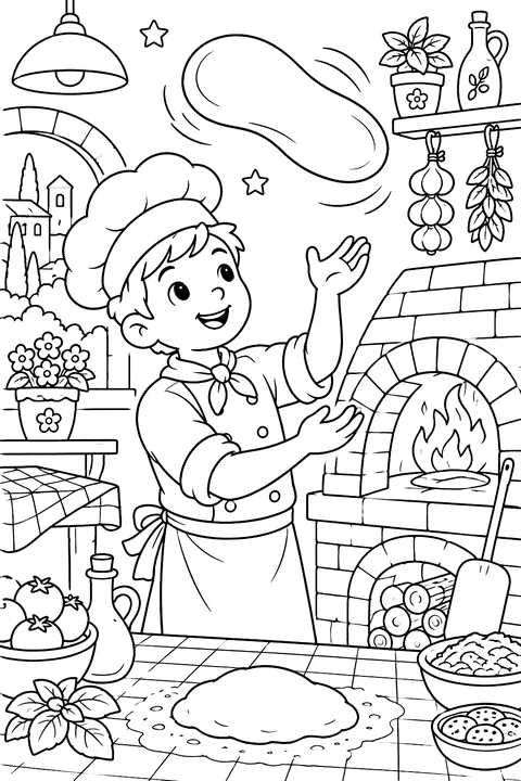 a pizza chef tossing dough in the air in a cozy pizzeria with a brick oven coloring page