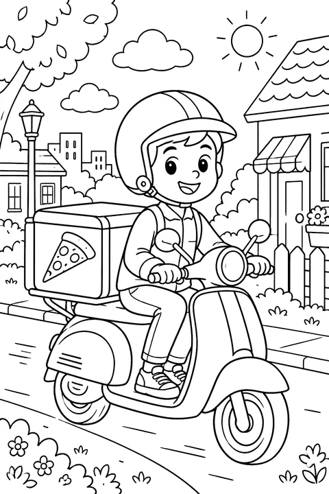 a pizza delivery scooter with a box on the back driving down a street coloring page