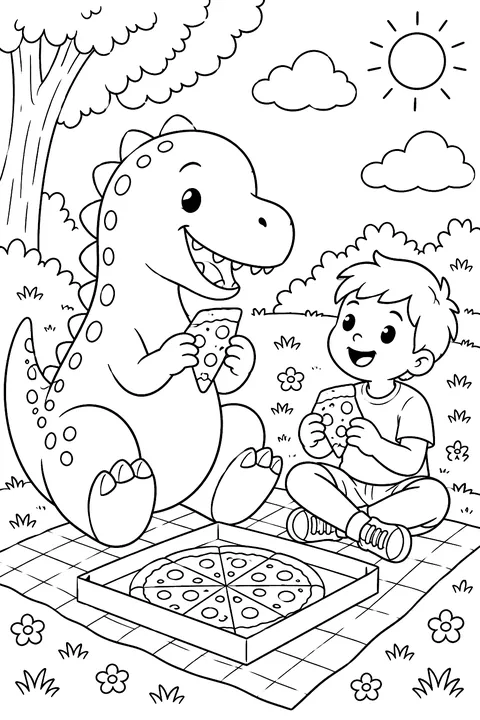 a dinosaur sharing a pizza with a child coloring page