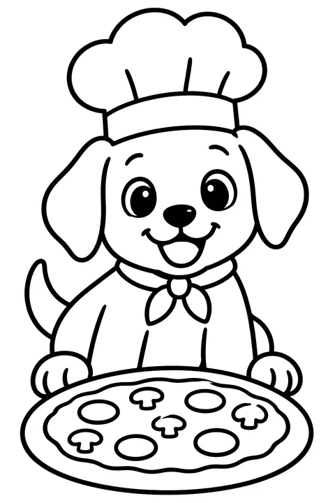 a puppy wearing a chef hat next to a pizza coloring page