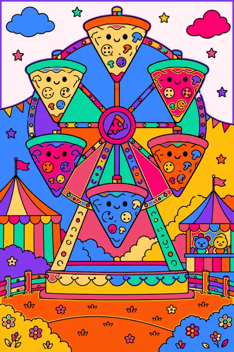 a Ferris wheel made of pizza slices at a fair coloring page