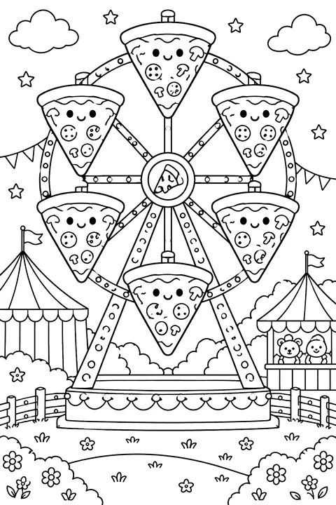 a Ferris wheel made of pizza slices at a fair coloring page