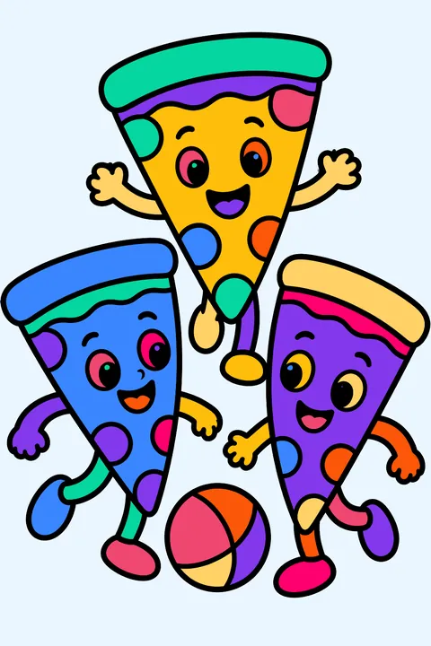 three pizza slices with faces playing together coloring page