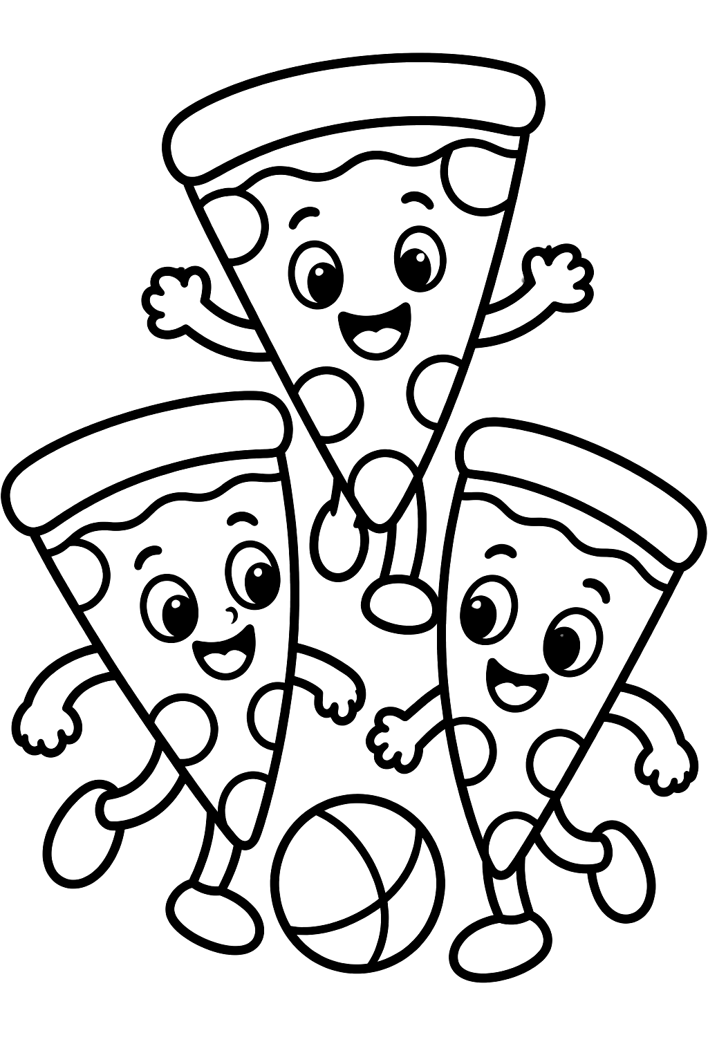 three pizza slices with faces playing together coloring page