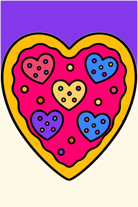 a heart-shaped pizza with pepperoni hearts coloring page