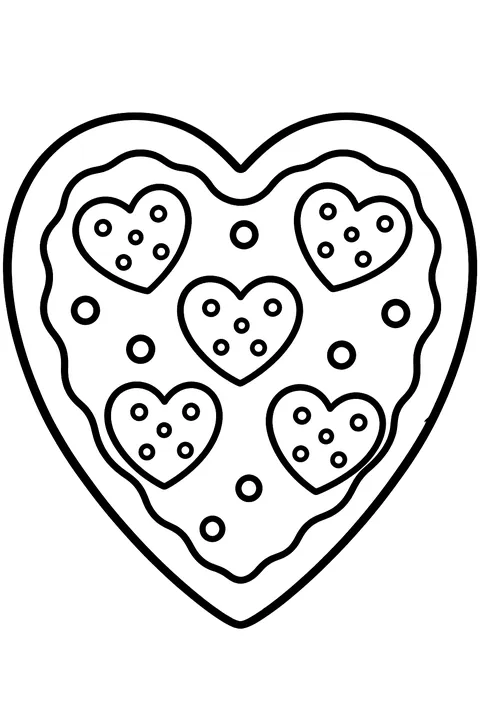 a heart-shaped pizza with pepperoni hearts coloring page