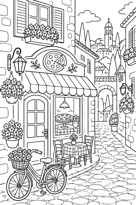a narrow Italian street with a pizzeria, flower boxes and a bicycle coloring page
