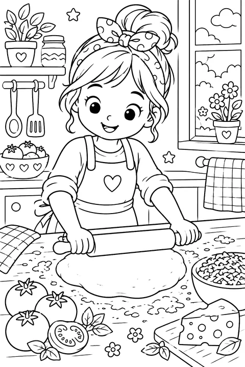 hands rolling pizza dough on a table with flour, tomatoes and cheese coloring page