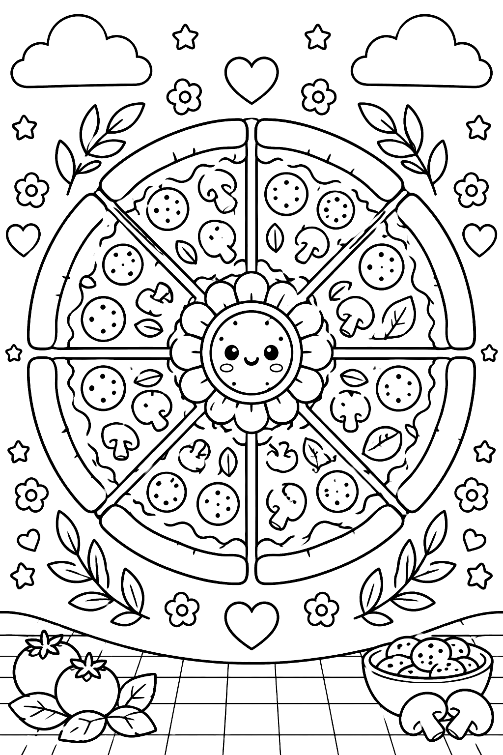 a round mandala made of pizza slices and toppings coloring page