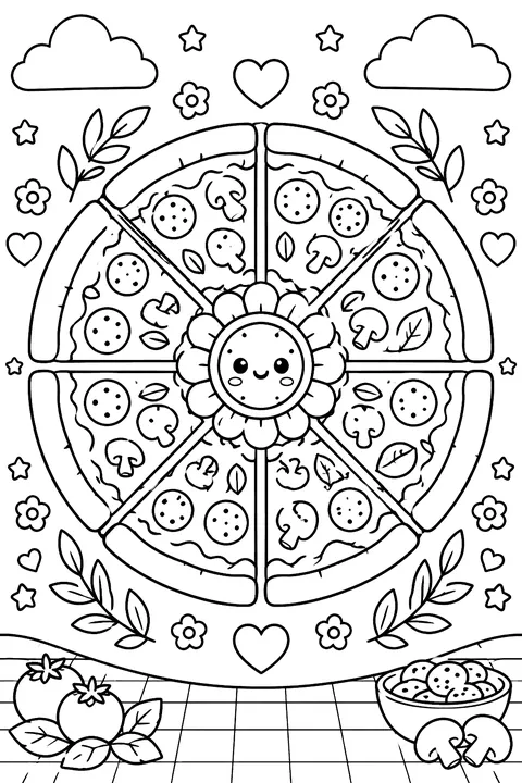 a round mandala made of pizza slices and toppings coloring page