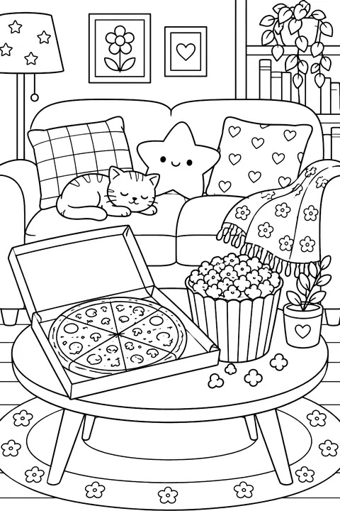 pizza and popcorn on a coffee table in front of a cozy sofa coloring page