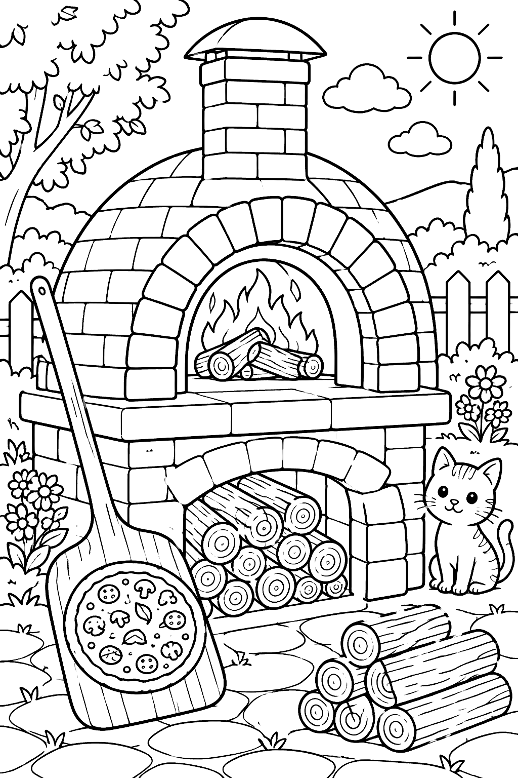 a wood-fired brick pizza oven with a pizza peel and logs coloring page