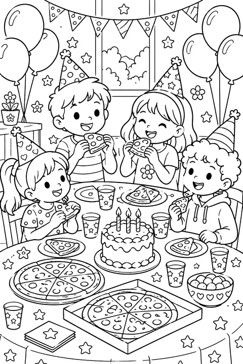 kids' pizza party table with pizzas, cups, balloons and a cake coloring page