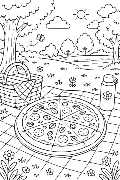 a pizza on a checkered picnic blanket in a park with trees coloring page