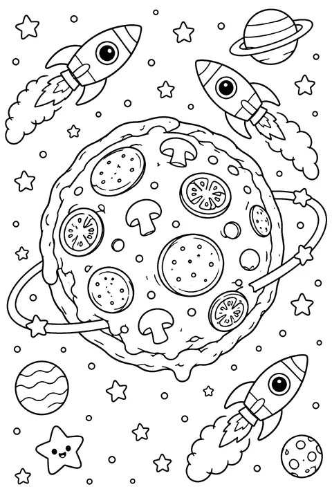 a planet shaped like a pizza with toppings as craters, rockets around coloring page