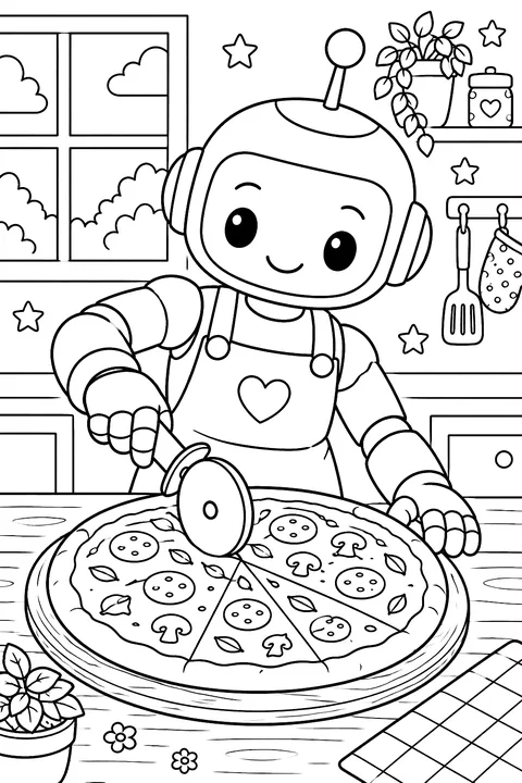 a robot slicing a pizza with a pizza cutter coloring page