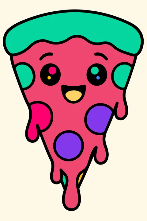a cute pizza slice with a happy face and melted cheese dripping coloring page