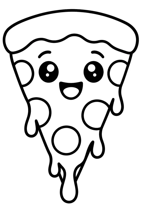 a cute pizza slice with a happy face and melted cheese dripping coloring page