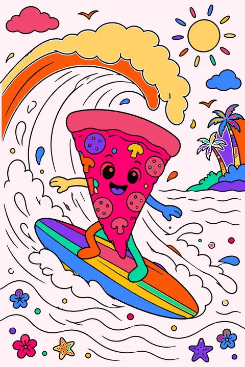 a pizza slice surfing on a big wave coloring page