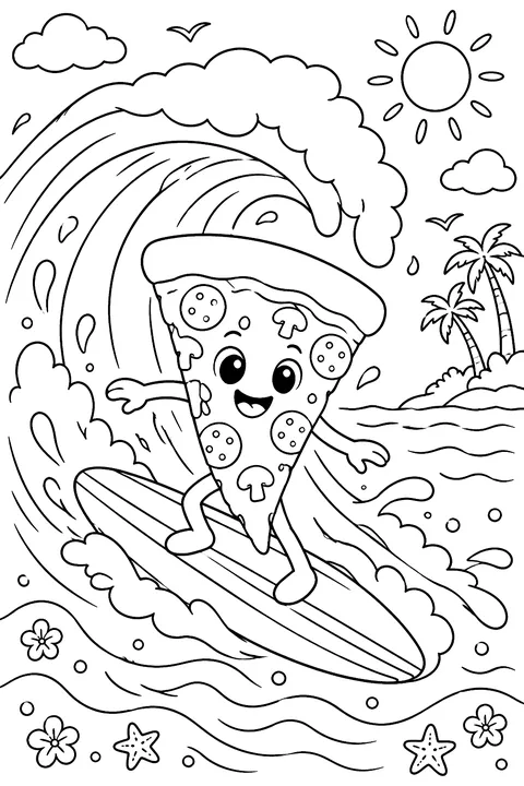a pizza slice surfing on a big wave coloring page