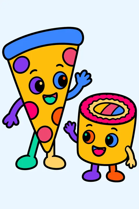 a pizza slice and a sushi roll waving at each other coloring page