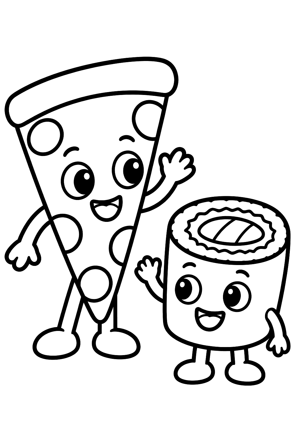 a pizza slice and a sushi roll waving at each other coloring page