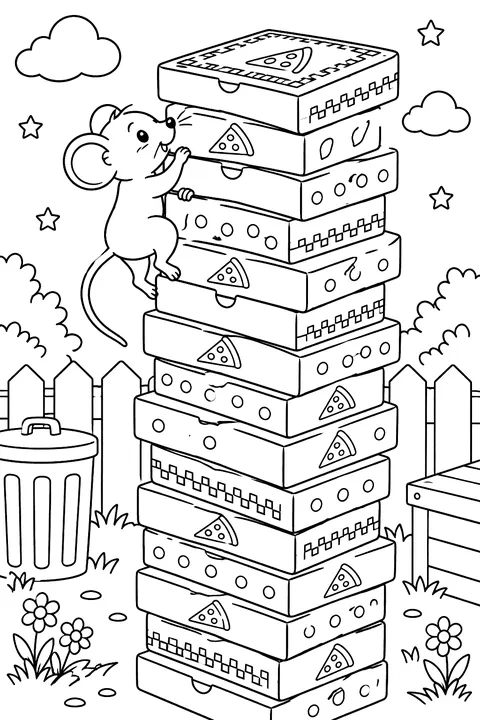 a tall tower of stacked pizza boxes with a mouse climbing it coloring page