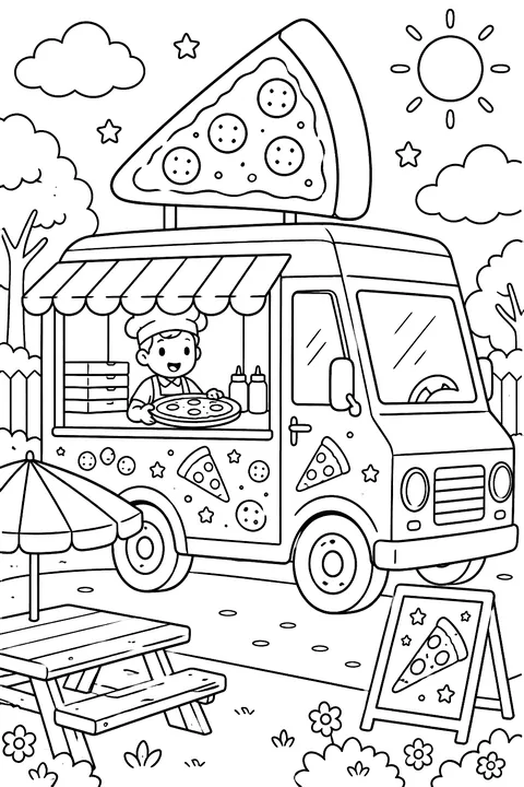 a pizza food truck with a big pizza sign shape on top coloring page